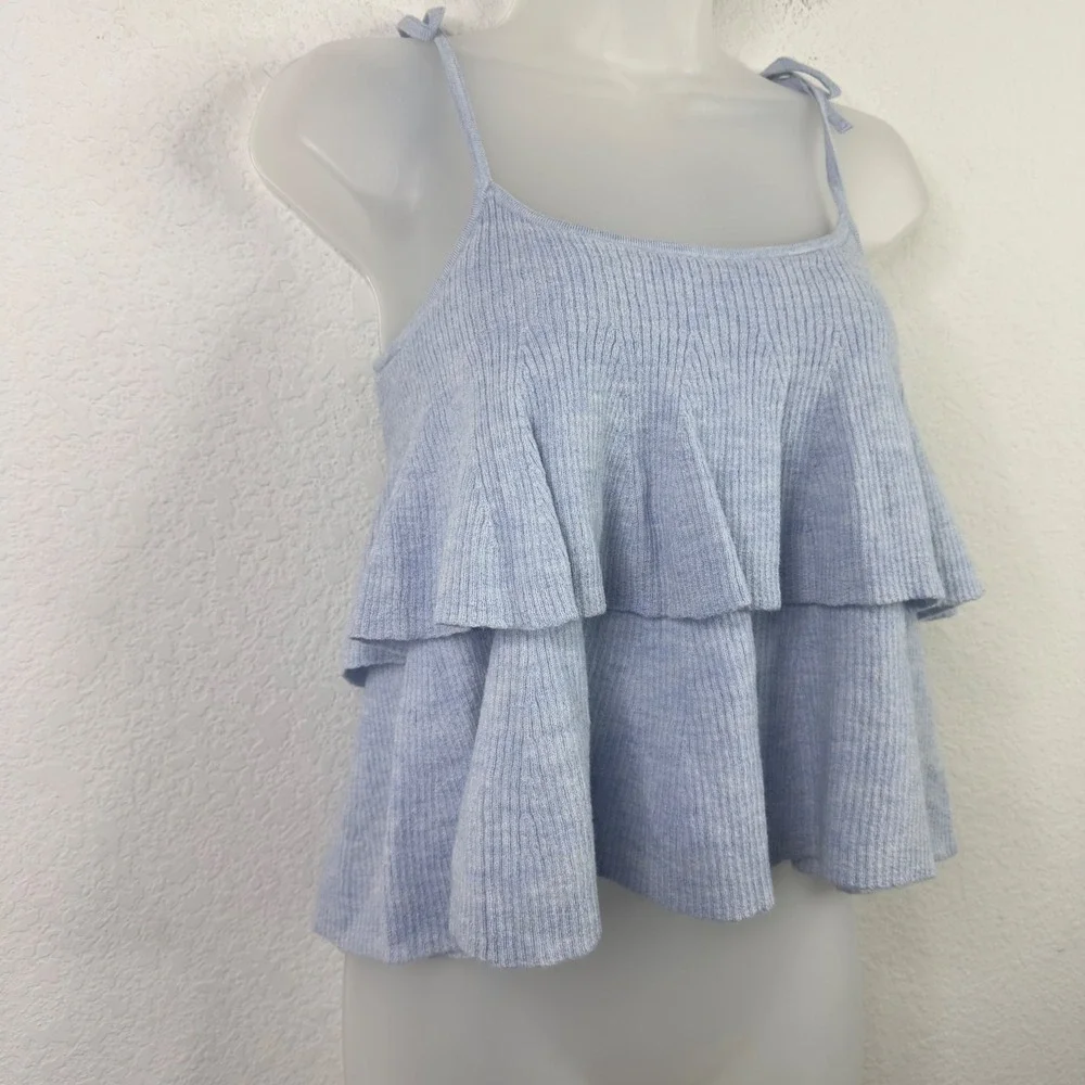 J.Crew Tank Top Sweater Women S Blue Merino Wool Ribbed Tiered Ruffle Minimalist
